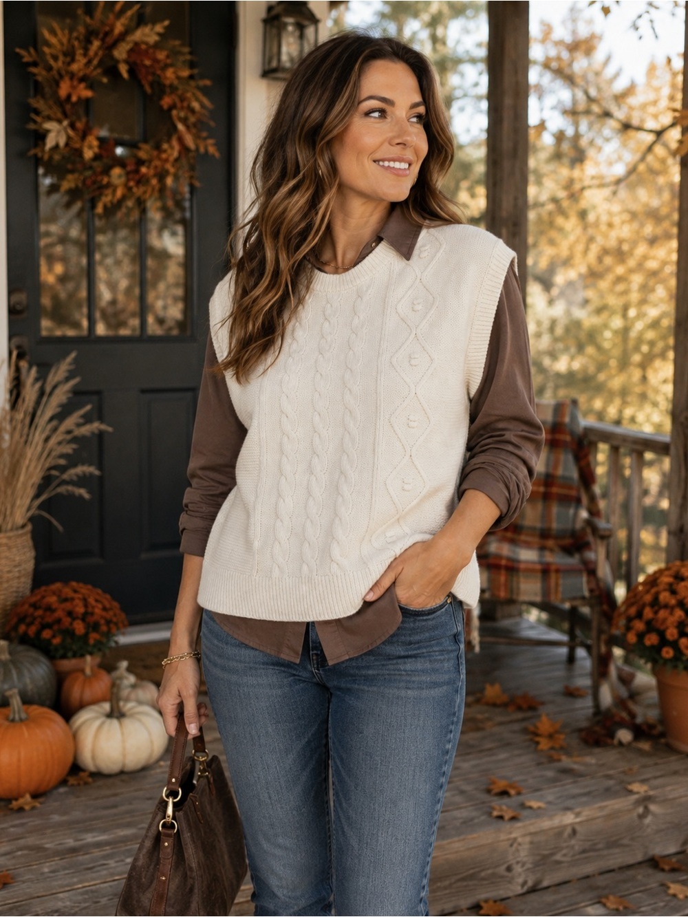 Frye & Co Cable Knit Sweater Vest Ivory Cream 1X Cotton Blend Preppy Boho